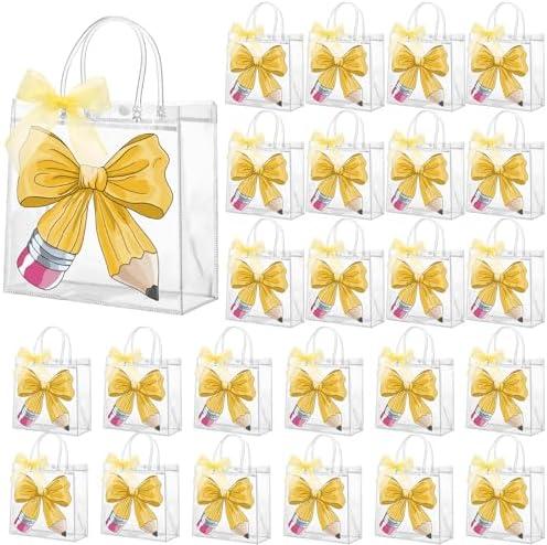 Motipuns 24 Back to School Gift Bags Bulk Clear PVC First Day of School Gift Bag with Handles, Plastic Pencil Style End of Year Teacher Appreciation Goodie Treat Bags for Graduation Wrapping Supplies