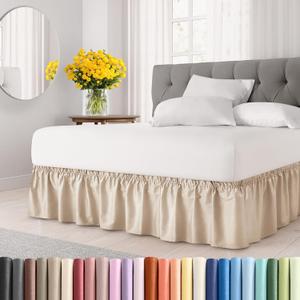 Wrap Around Dust Ruffle Bed Skirt - Cream - for Twin Size Beds with 24 Inch Drop - Easy Fit Elastic Strap - Adjustable Pleated Bedskirt w/Brushed Fabric - Wrinkle Free - for Women, Men, Kids & Teens