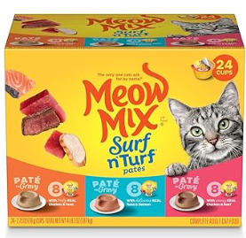 Meow Mix Paté in Gravy Surf n’ Turf Patés Variety Pack, Wet Cat Food, 2.75 oz Cup, 24 Pack, BBD 07/18/2027