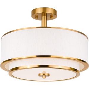 3-Light Semi Flush Mount Ceiling Light, 16" Drum Light with White Fabric Shade, Modern Close to Ceiling Lamp for Living Room Bedroom Dining Kitchen Hallway Entry (Brushed Gold)