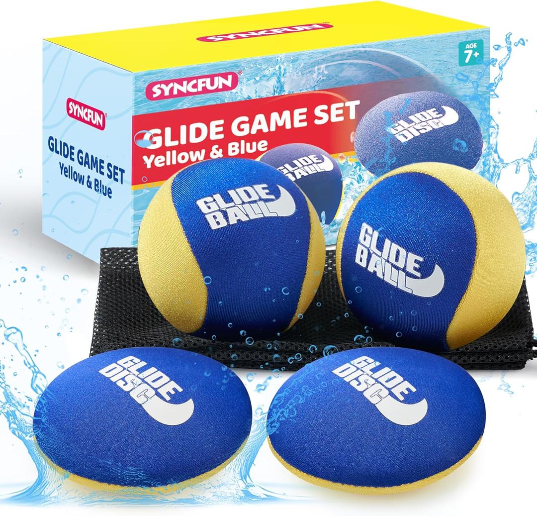 SYNCFUN 4 Pcs Skip Water Balls,Splash Water Bouncing Balls with Mesh Bag, Beach Toys for Kids, Pool Toys for Friends and Family, Fly Swimming Game Adults, Boys,Teens, Great for All Ages (Yellow, Blue)