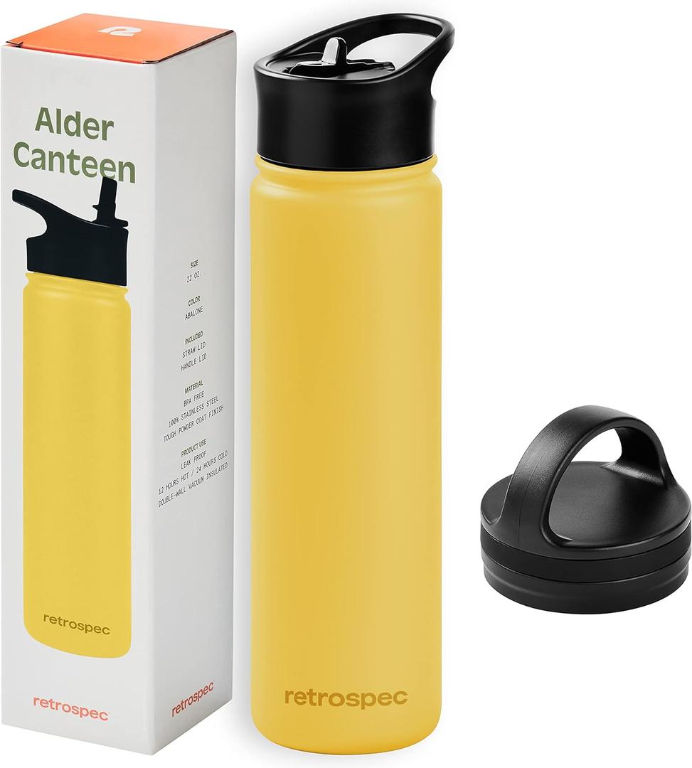 Retrospec Alder Insulated Water Bottle with Straw Lid & Handle Cap - Stainless Steel Wide Mouth Double-Wall Vacuum Insulated Thermos - BPA Free Leakproof Canteen (Honey)