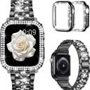 Mosonio Compatible with Apple Watch Band 38mm 40mm 41mm 42mm 44mm 45mm 46mm 49mm with 2 Pack Case Women, Jewelry Replacement Metal Bands Strap with Bling PC Protective Case for iWatch Ultra SE Series 10/9/8/7/6/5/4/3/2/1 (Black)