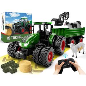 Remote Control Tractor and Trailer Set RC Kids Tractor Toy Front Loader Farm Vehicle Toys for 3-7 Year Old Boys Kids Toddlers Birthday Gifts