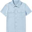 blibean Boys Button-Down Uniform Shirts Semi Formal Dress Tops with Chest Pockets (Blue, L)