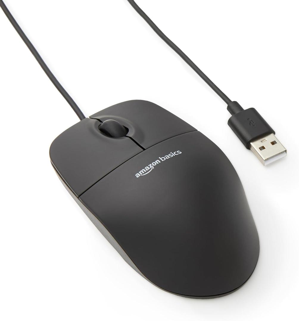 Amazon Basics 3-Button USB Wired Mouse with Scrolling and Tracking - Standard, Black (1-Pack)