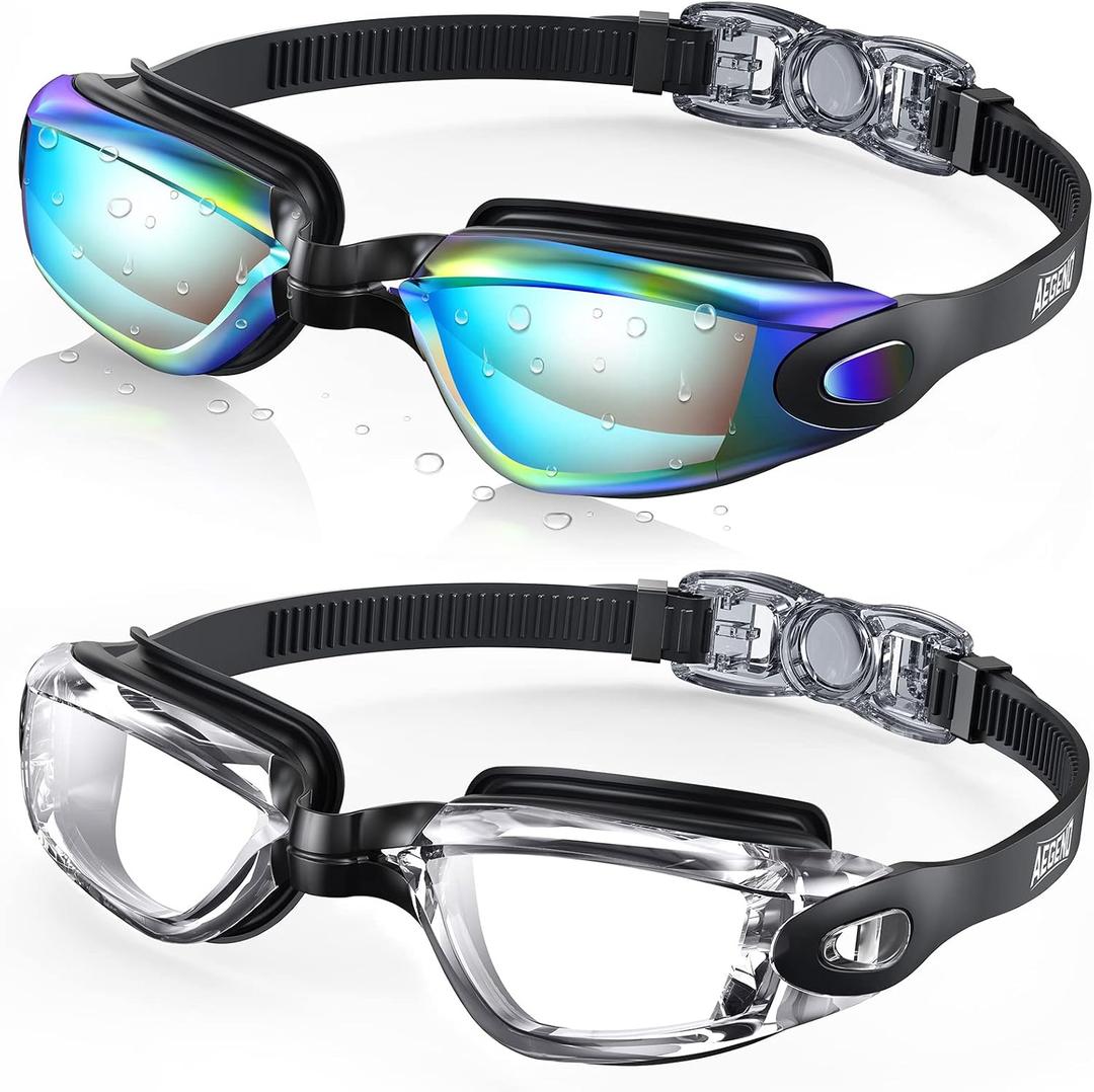 Aegend Swim Goggles 2-Pack, No Leaking Anti-Fog UV Protection Mirrored Swim Glasses for Adult Men Women, Wide View Outdoor
