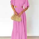 LEANI Women's 2025 Summer Cutout Maxi Dress Square Neck Short Sleeve Crossover Waist Casual Party Dresses (Pink, M)