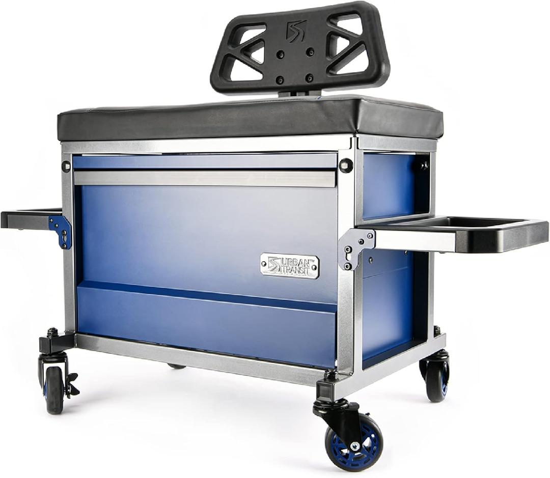 URBANTRANSIT The Beast Heavy Duty Shop Stool with Backrest - 500 Lb Capacity Rolling Stool for Garage with Tool Storage, Cupholder and 360 Degree Wheels - Ideal Workshop and Mechanic Seat