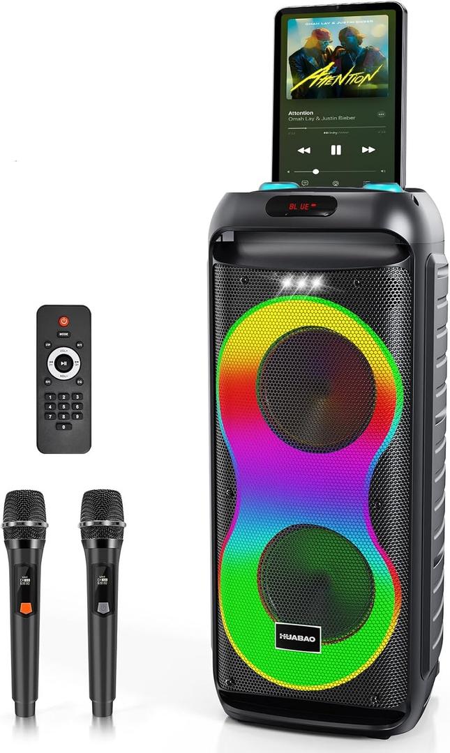 Bluetooth Karaoke Speaker with 2 Wireless Microphones 40W Portable PA System with LED Lights, TWS Pairing, 6.5 Dual Woofers, Rolling Wheels, Rechargeable Battery - for Party/Home/Outdoor