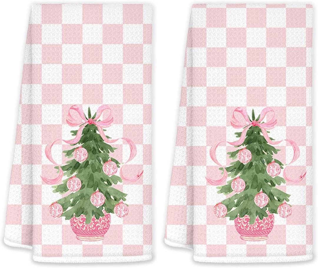 JINYO Pink Chinoiserie Christmas Kitchen Towels Set of 2, Coquette Pink Bow Preppy Christmas Tree Decorative Hand Towels for Bathroom Kitchen, Grandmillennial Checkered Xmas Dish Tea Towel, 16x24 Inch
