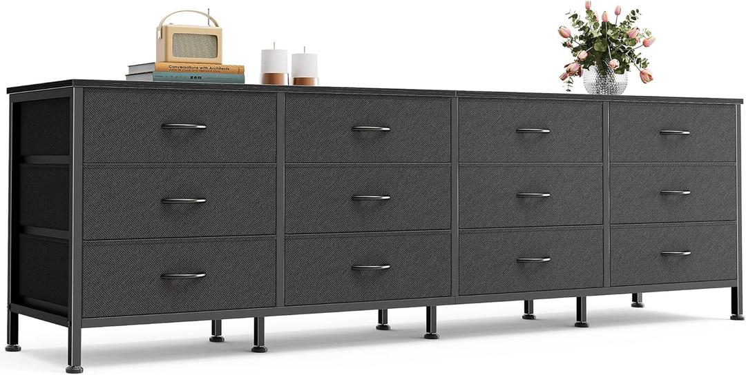 Huuger 70 Inch Black Dresser for Bedroom, TV Stand for 65, 75, 80 Inch TV, 12 Fabric Drawer Long Dresser, Wide Chest of Drawer, Storage Units for Living Room