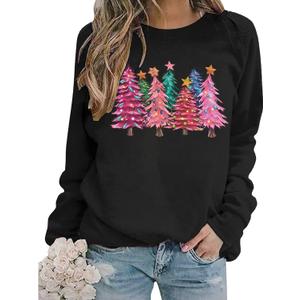 Christmas Sweatshirts Women Christmas Tree Graphic Long Sleeve Shirts Xmas Holiday Party Pullover Blouse (XX-Large, Black)