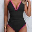 B2prity Women's V Neck One Piece Swimsuit Tummy Control Slimming Bathing Suit Double Straps Crisscross Back Swimwear (M)