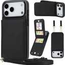 Compatible for iPhone 17 Pro Case Wallet with Crossbody Strap, 4 Card Holder [RFID Blocking], Flip Vegan Leather Protective Shockproof Slim Wallet Phone Case for Women Girls, Black