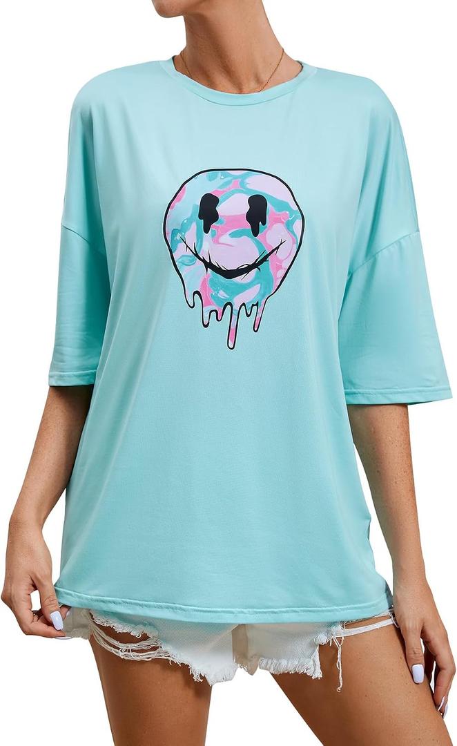 SOLY HUX Women's Graphic Oversized Tees Letter Print Summer Tops Vintage Half Sleeve Loose Casual T Shirts Light Blue Graphic X-Small (Green, XS)