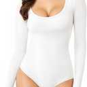 Womens Long Sleeve Body Suits Scoop Neck Thong Bodysuits Shirts Trendy Fall Going Out Tops Y2K 2025 (Medium, A Creamy White)