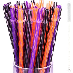 JOVITEC 60 Pieces Halloween Straws 9" Plastic Reusable Straw Drinking Straws for Tumblers with Straw Cleaning Brush for Halloween Cocktail Christmas Party Family Supply