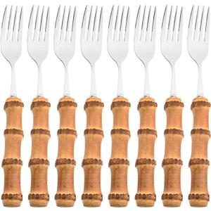 8pcs Dinner Fork, Stainless Steel and Natural Bamboo Cutlery Table Fork, Resuable Mirror Polish, Elegant and Exquisite Salad Fork, 8.07-inch, Silver