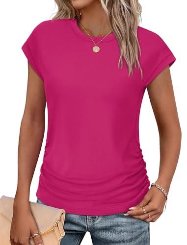 Tops for Women Trendy Short Sleeve Shirts Casual Summer Outfits Cap Sleeve T Shirts Ladies Hot Pink M