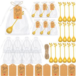 Dandat 50 Sets Tea Spoon Party Favors Gold Tea Spoons Bulk for Guest Include Mini Leaf Dessert Teaspoon Stainless Steel with Thank You Labels Organza Bags for Bridal Shower Party Wedding Souvenir Gift