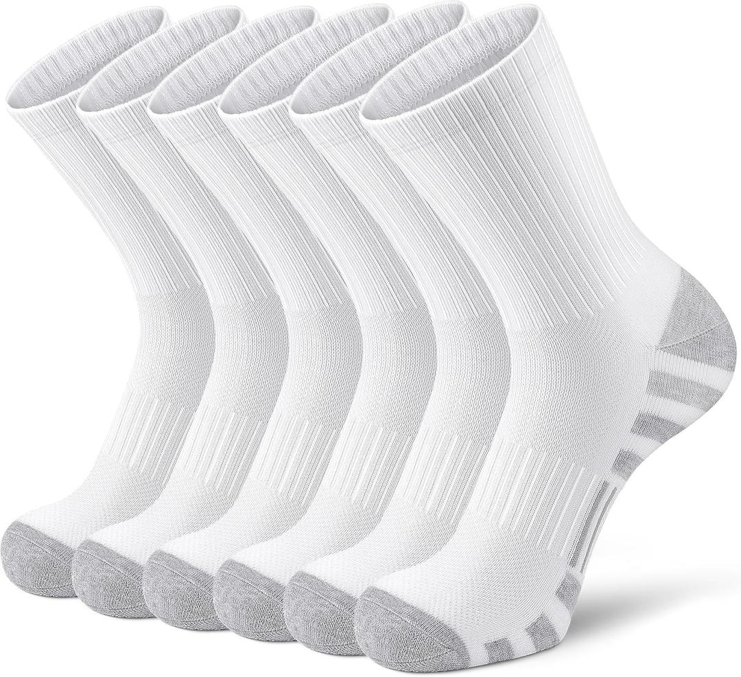 Airacker Athletic Socks Sport Running Calf Socks Performance Cushioned Breathable Crew Socks for Men Women(6 Pairs) (9-12, White)