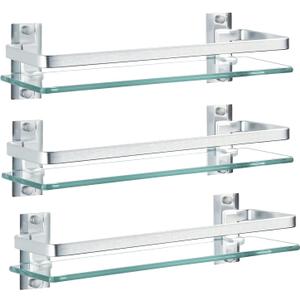 AIJALY 3 Pack Bathroom Glass Shelf,Aluminum Tempered Glass 0.34in Extra Thick Rectangular 1 Tier Storage Organizer Wall Mount,Silver 15.7in