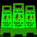 Children at Play Safety Signs for Street - Kids Playing Reflective Caution Sign for Neighborhoods (3 Pack) - Slow Down (Green)