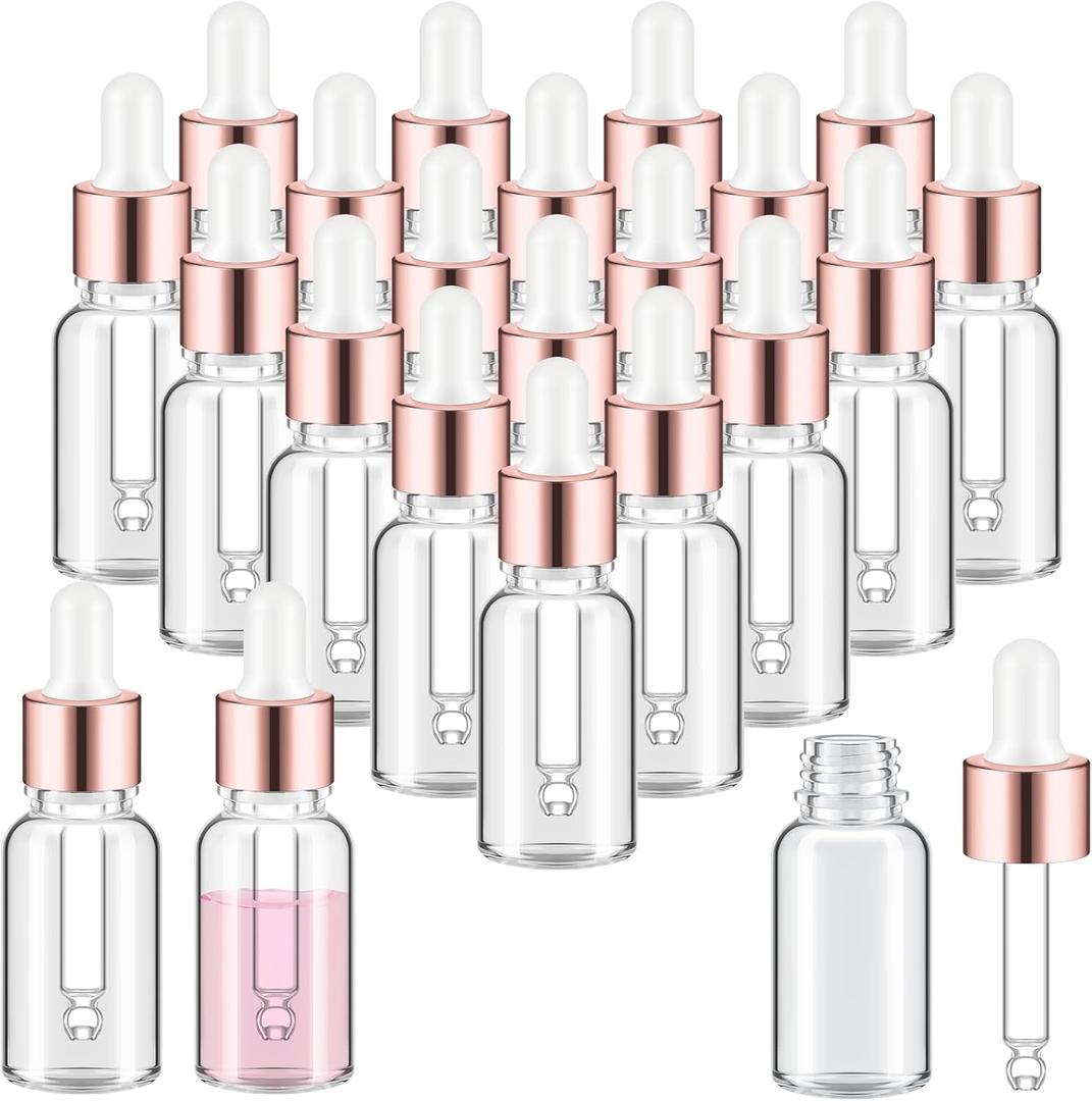Didaey 100 Pcs Mini Glass Oil Dropper Bottle Bulk, Clear Essential Small Empty Bottles Sample Containers Perfume Liquid Vials with Cap for Traveling (15 ml,Rose Gold)