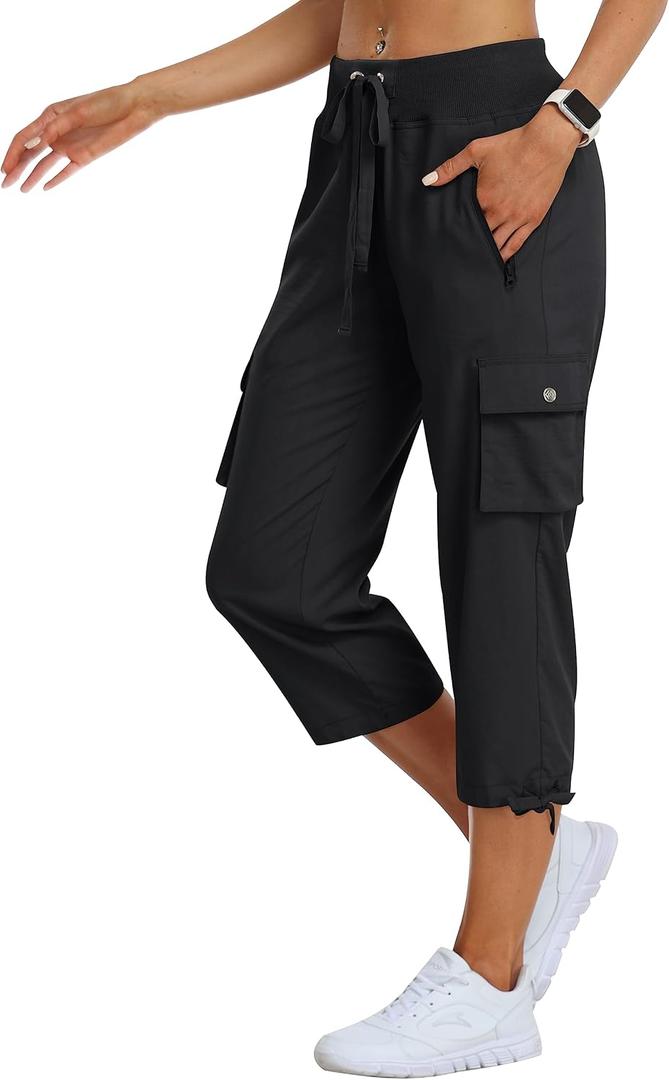 MoFiz Women's Cargo Capris Hiking Pants Lightweight Quick Dry Outdoor Athletic Travel Casual Loose Comfy Cute Zipper Pockets, black, X-Large