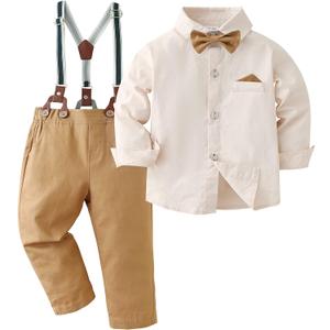 DISAUR Baby Boy Clothes Suits Toddler Dress Shirt With Bowtie Suspender Pants Outfit Sets Gentleman Wedding, Beige, 4-5T