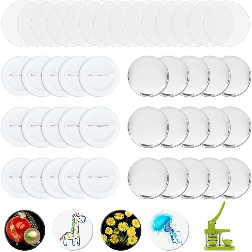 AHANDMAKER 100 Sets Button Maker Supplies, 1.73 Inch/ 44mm Pin Back Button Parts for Button Maker Machine, Round Badge Blank Button Pins, Includes Metal Cover, Plastic Pin Backs, Plastic Clear Film