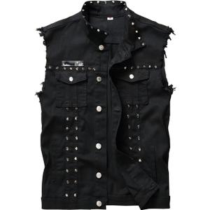 Men's Punk Denim Vest Sleeveless Jean Jackets With Rivets (Large, Black)
