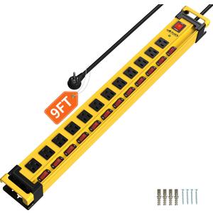 Plug'n 12 Outlet 13 Individual Switches,3300J Surge Protector Power Strip,9FT/14AWG/15AMP/1875W Power Cord,Heavy Duty Metal Power Strip with Cord Manager for Workshop,Garage,Shop