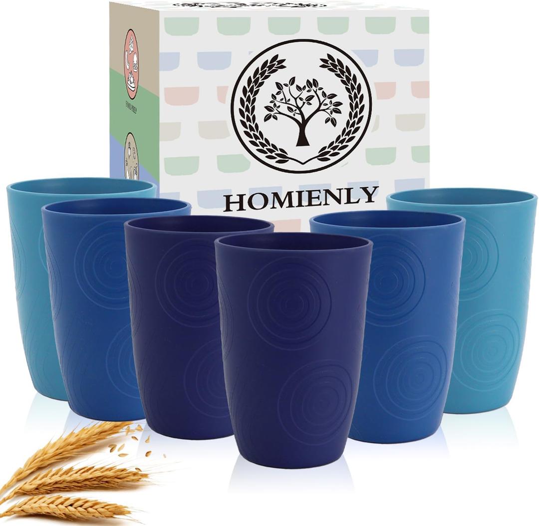 Homienly Wheat Straw Cups 6 PCS Plastic Cups Reusable Unbreakable Drinking Cup Dishwasher Safe Water Glasses (16 OZ,Blue Sky) (Ocean)