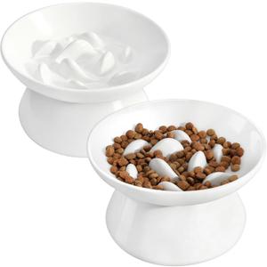 PETTOM Slow Feeder Cat Bowl, 2 Pack Ceramic Raised Tilted Cat Slow Feeder Bowl Elevated Puzzle Anti Vomiting for Dry and Wet Food Whisker Friendly for Kitty Puppy, White