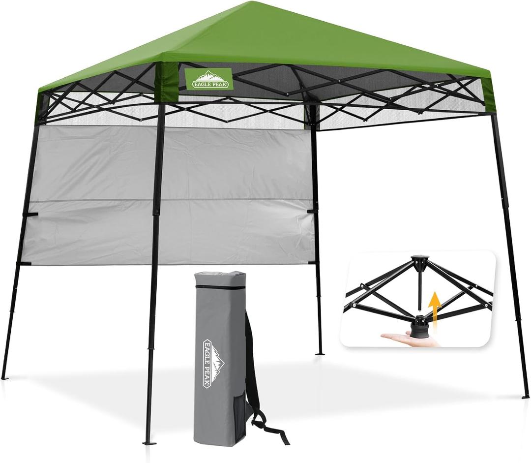 EAGLE PEAK 8x8 Pop Up Canopy Tent with Sidewall, Compact, Portable Slant Leg Instant Sun Shelter for Beach, Sports, & Camping, 8x8 Base 6x6 Top, Grass Green