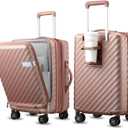 LUGGEX Carry On Luggage with Compartment and Cup Holder, Expandable PC Hard Shell Suitcase with Front Pocket (Rose Gold, Carry-On 20-Inch)