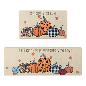 KIMODE Kitchen Rugs Non Slip Washable 17"x47"+17"x29", Fall Pumpkin Kitchen Rugs Sets of 2, Halloween Rugs for Kitchen Floor, Absorbent Kitchen Floor Mats for Sink Laundry Desk Beige Maple Leaf