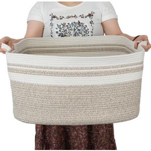 XUANGUO Large Rectangle Blankets Basket Living Room 22"x17"x12" Woven Cotton Rope Storage Baskets for Nursery Toy Baskets for Kids Wicker Laundry Basket Bin for Clothes Towels white brown