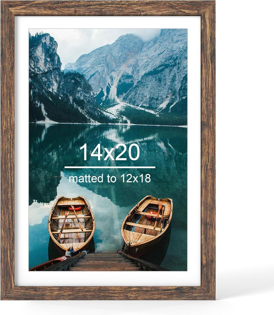 Hongkee 14x20 Picture Frame, Rustic Brown Wood Style - Display Posters 12 x 18 with Mat or 14x20 without Mat, Wall Mounting Horizontal and Vertical, 1 Pack