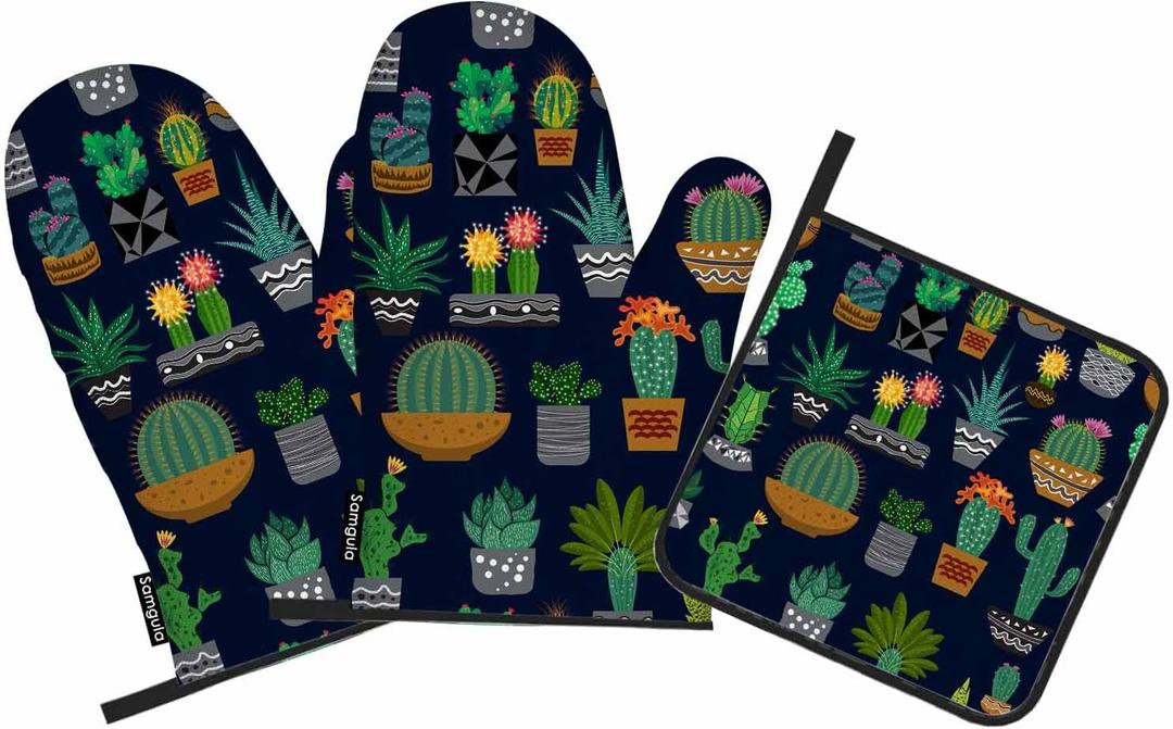 Cactus Oven Mitts and Pot Holders Sets Succulents Potted Plant Garden Nature Heat Resistant 3pcs for Cooking Baking BBQ