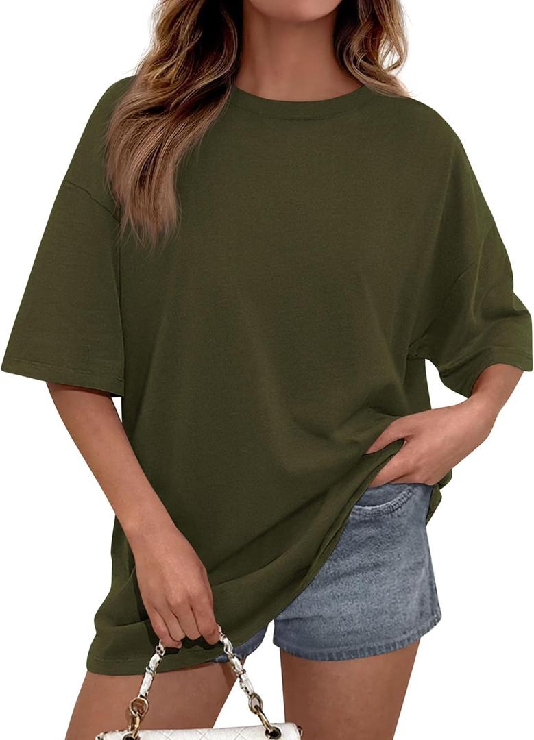 PRETTYGARDEN Women's Oversized Tshirts Going Out Tops | Comfy Cotton Blend, Short Sleeve Crewneck, Drop Shoulder, Loose Fit, Basic Tee, Plain Shirts, Summer Spring, Casual Outfits (Green, XL)