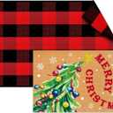 2 Pcs Merry Christmas Door Mat Combo Set Outdoor Rug Welcome Mat and 27.5 x 43 Inches Black and Red Buffalo Plaid Rug Layered Doormats for Xmas Holiday Outdoor Porch Decor