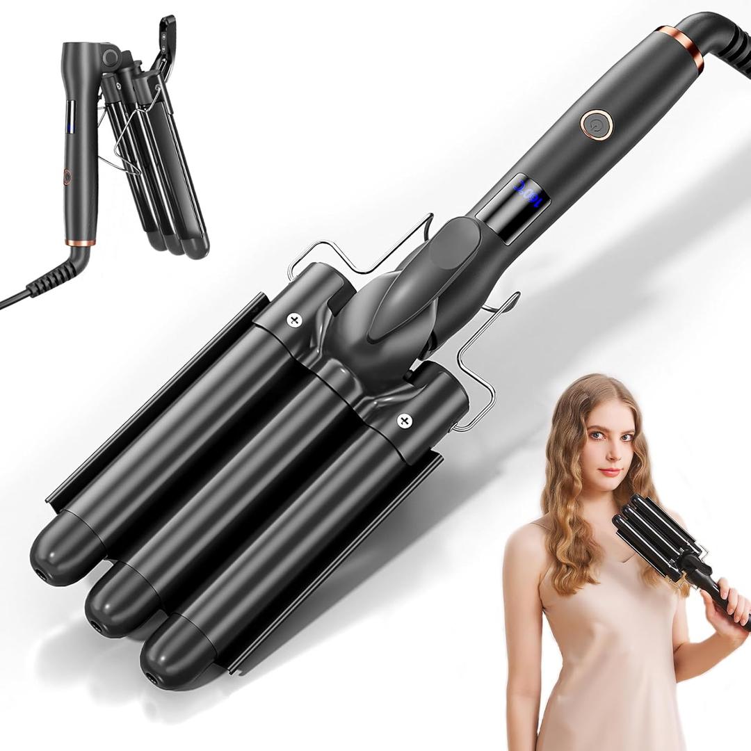 Hair Crimper 1 Inch, 3 Barrel Beach Wave Curling Iron, Foldable 25mm 3 Barrel Hair Waver, Adjustable 4 Temperature Settings Heat Up Quickly Hair Curler Curling Wand with LCD Temperature Display