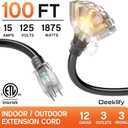 100 ft 12 Gauge Heavy Duty 3 Outlet Extension Cord Splitter with Indicator, Waterproof Outdoor Extension Cord with Multiple Outlets, 15A 1875W for Home & Workshop, ETL Listed, Black SJTW