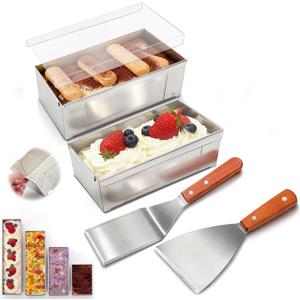 2 Pcs Nonstick Rectangle Tiramisu Cake Pan with Acrylic Lid and 2 Metal Spatula Removable Frame 304 Stainless Steel Cake Baking Molds for Tiramisu Cheesecake Mousse (6.3 x 3.94 x 2.56 Inch)