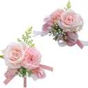 Wrist Corsage and Boutonniere Set for Bride Groom Bridesmaids Groomsmen Wedding Homecoming Flowers Prom Suit Accessories, Rose Boutonniere and Corsage Wristlet Flower (Pink)