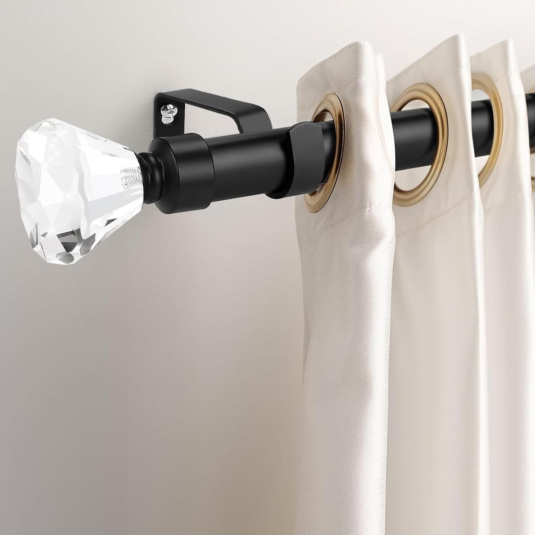 Curtain Rod For Window 30 to 54 inch, Decorative Drapery Rod with Crystal Diamond Finials, 1 Inch Decorative Curtain Rod Set, Black, 1 Pack