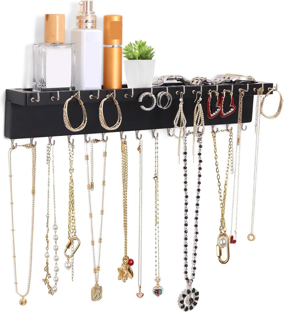 Necklace Holder Organizer Wall Mount,Jewelry Holder Organizer with 30 Hooks,Oak Jewelry Organizer and Storage for Necklaces,Bracelets and Rings (Black)